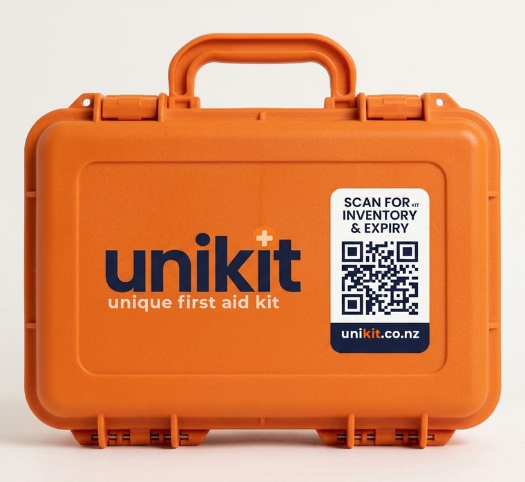 An orange UniKit case with a scan label on the lid